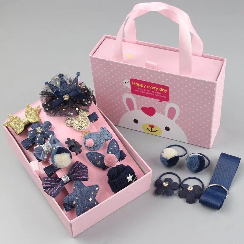 Hair Accessory Sets for Girls in Blue w/pink cut box